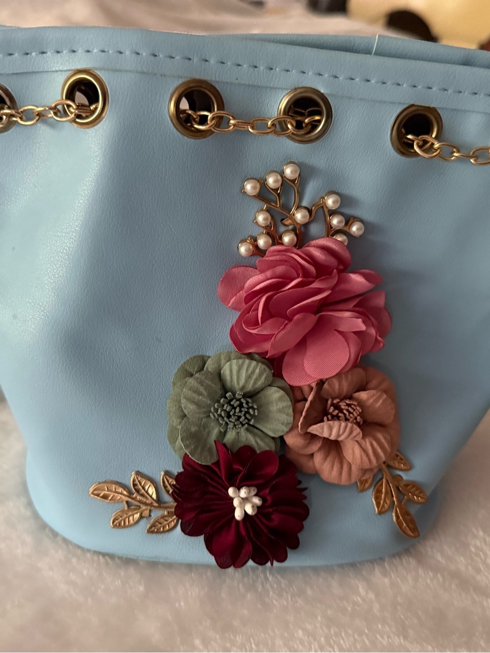 Light Blue Embellished Flowers Chain Bucket Purse Bag Boho Festival - Picture 2 of 7